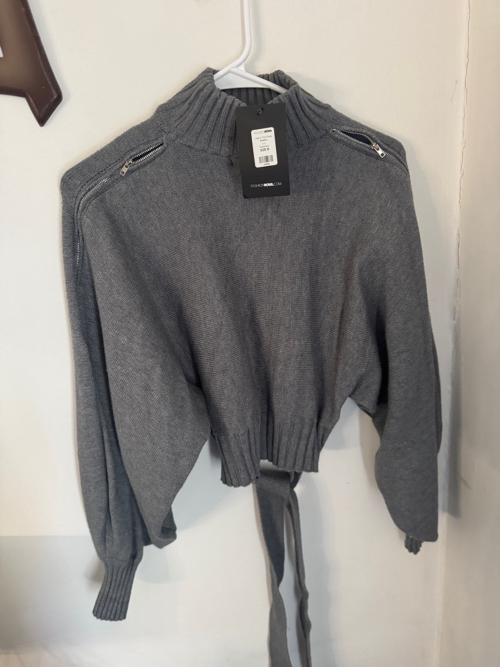 Fashion Nova Gray Mock Neck Zip-Shoulder Tie-Waist Sweater
